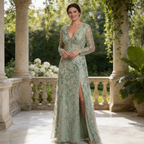Exquisites Abendkleid mit Pailletten – Salbeigrün, Figurbetont & Bodenlang