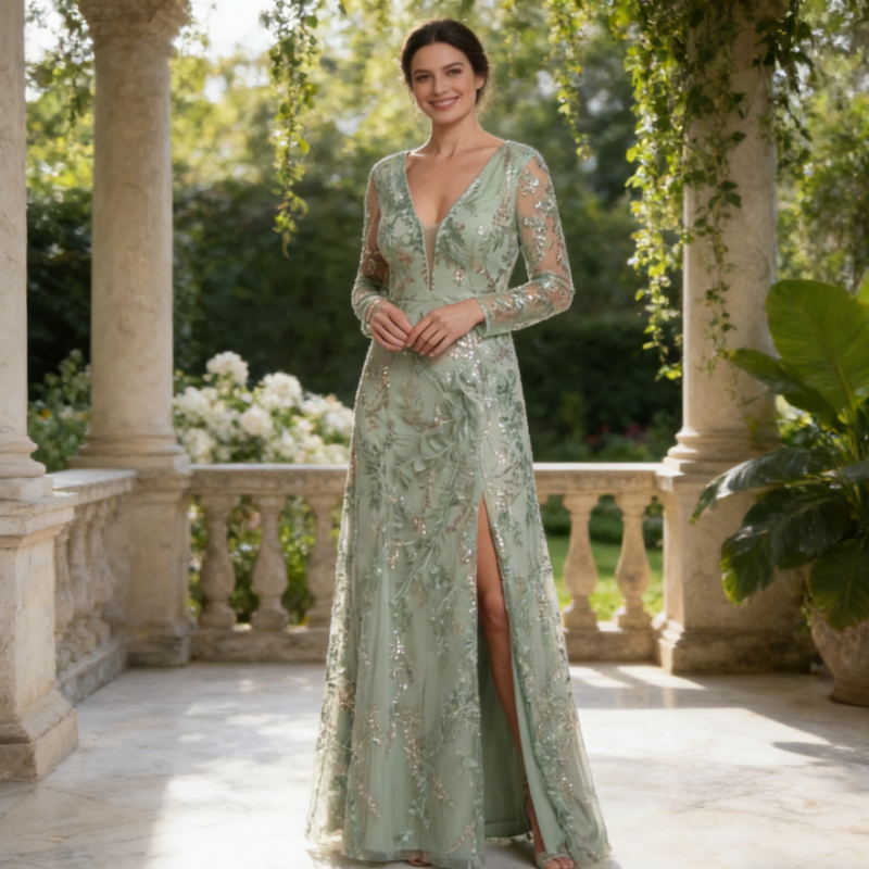 Exquisites Abendkleid mit Pailletten – Salbeigrün, Figurbetont & Bodenlang