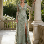 Exquisites Abendkleid mit Pailletten – Salbeigrün, Figurbetont & Bodenlang