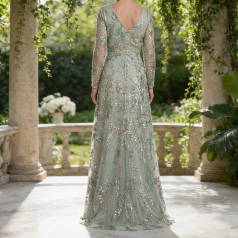 Exquisites Abendkleid mit Pailletten – Salbeigrün, Figurbetont & Bodenlang
