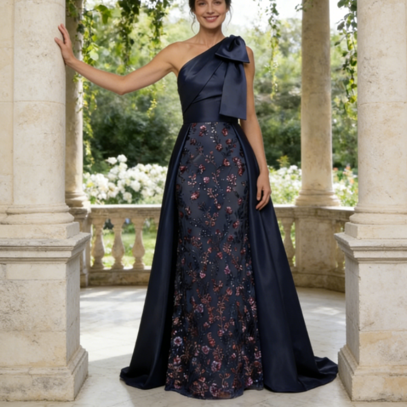 Exquisites Abendkleid mit Pailletten – Dunkelblau, Figurbetont & Bodenlang