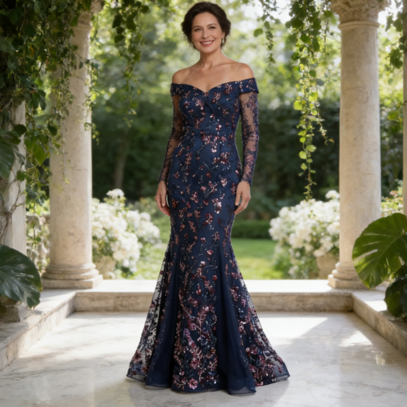 Exquisites Abendkleid mit Pailletten-Stickerei – Dunkelblau, Meerjungfrau-Stil & Bodenlang
