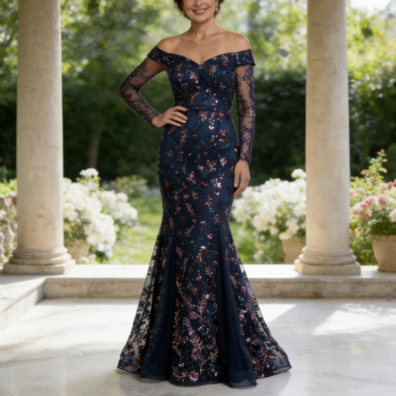 Exquisites Abendkleid mit Pailletten-Stickerei – Dunkelblau, Meerjungfrau-Stil & Bodenlang