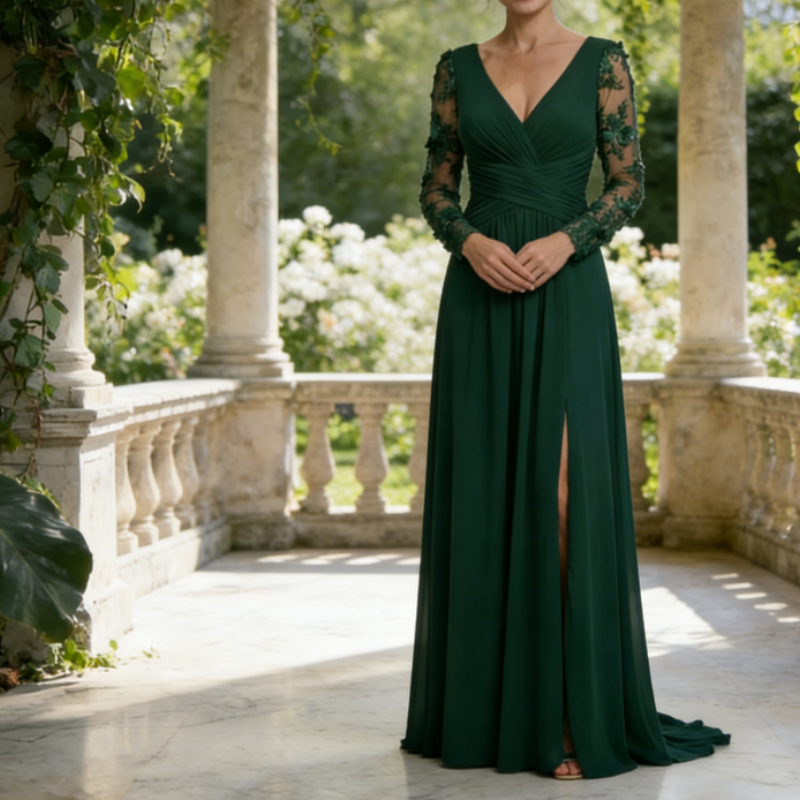 Elegantes Abendkleid mit Langarm – Smaragdgrün, Spitze & Bodenlang mit Schlitz