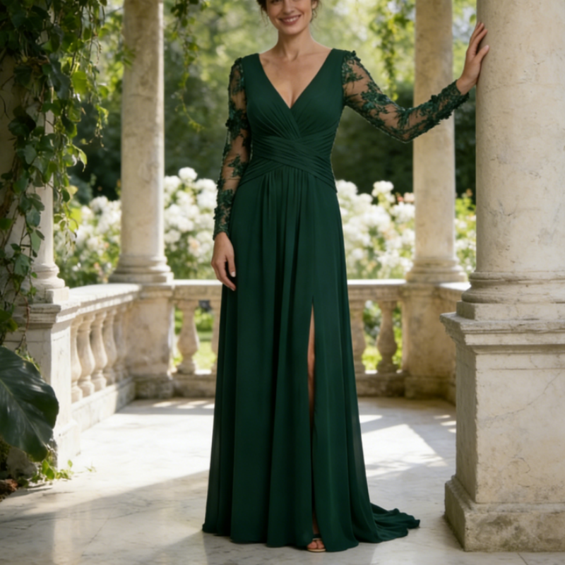 Elegantes Abendkleid mit Langarm – Smaragdgrün, Spitze & Bodenlang mit Schlitz