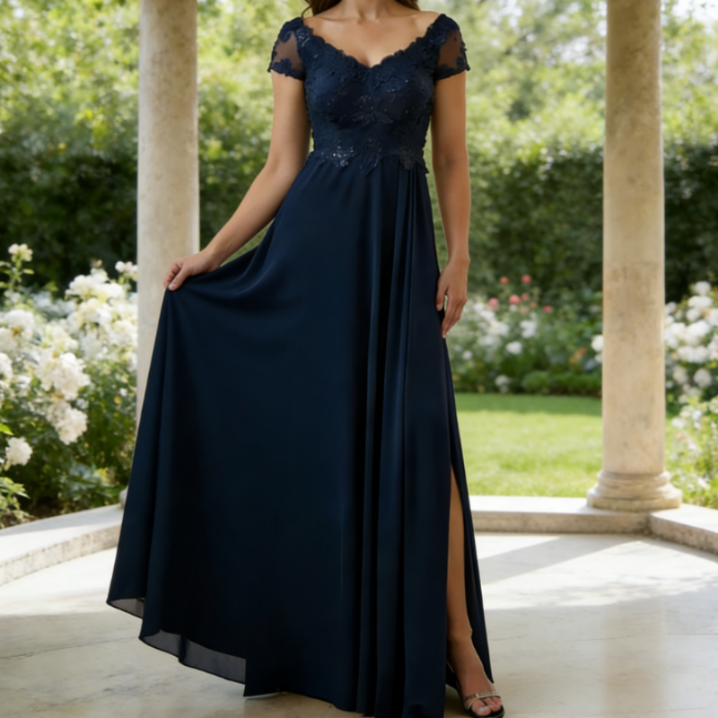 Elegantes Abendkleid mit V-Ausschnitt – Dunkelblau, Figurumspielend & Bodenlang