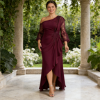 Elegantes Abendkleid mit Einschulter-Design – Brombeere, Figurumspielend & Bodenlang