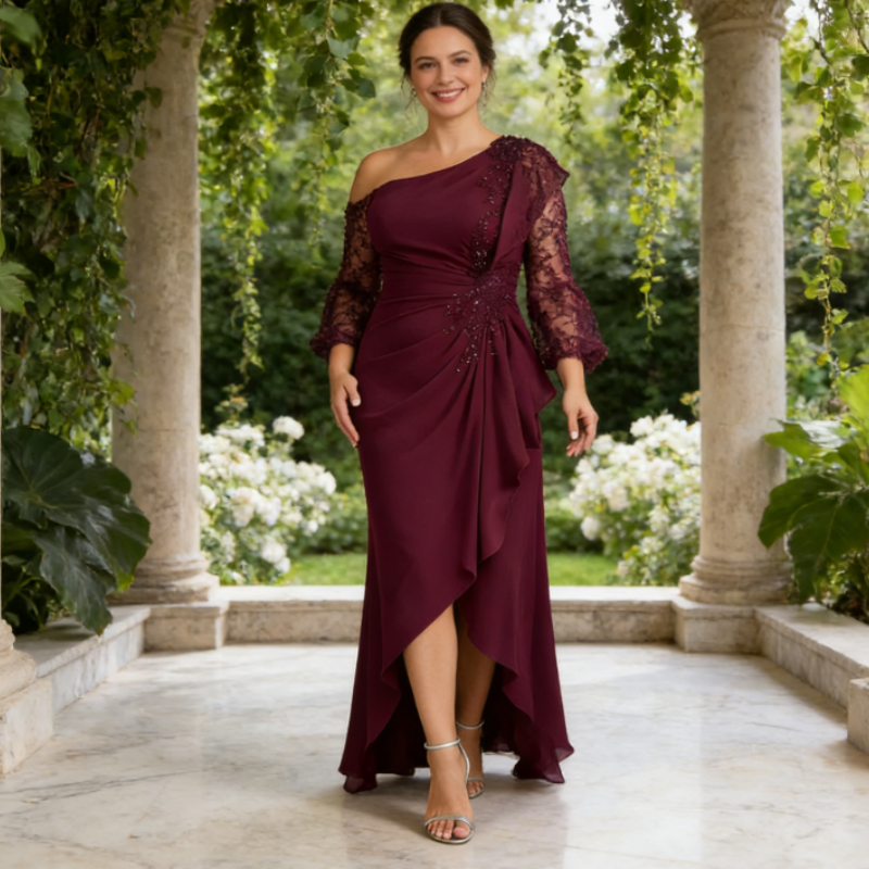 Elegantes Abendkleid mit Einschulter-Design – Brombeere, Figurumspielend & Bodenlang
