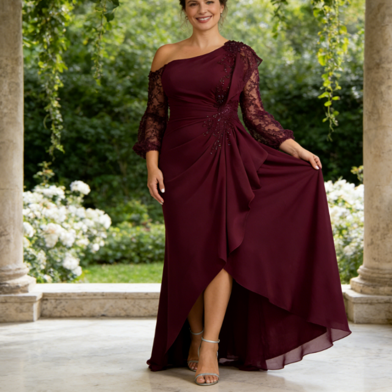 Elegantes Abendkleid mit Einschulter-Design – Brombeere, Figurumspielend & Bodenlang