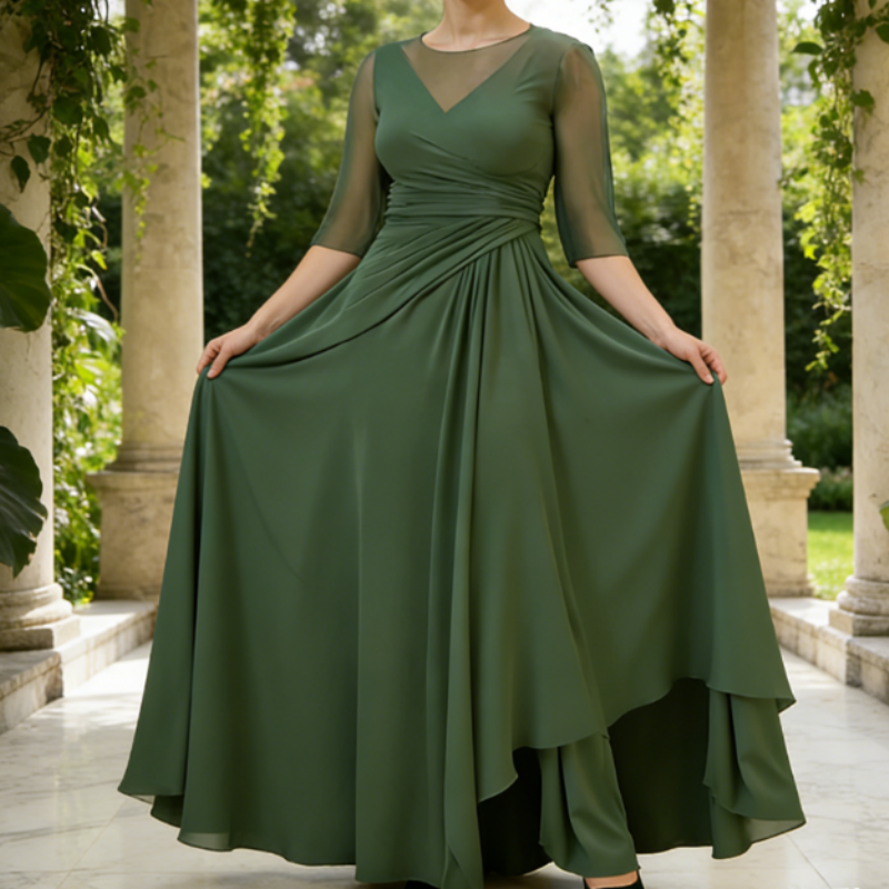 Elegantes Abendkleid mit 3/4-Arm – Dunkelgrün, Figurumspielend & Bodenlang