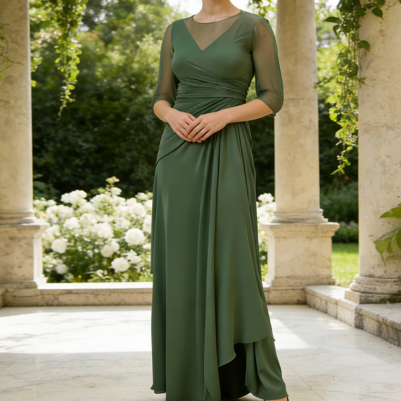Elegantes Abendkleid mit 3/4-Arm – Dunkelgrün, Figurumspielend & Bodenlang