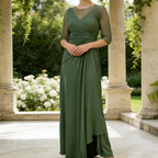 Elegantes Abendkleid mit 3/4-Arm – Dunkelgrün, Figurumspielend & Bodenlang