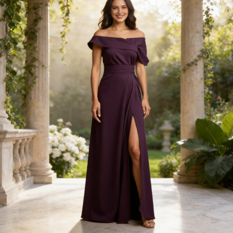 Elegantes Abendkleid mit Schlitz – Dunkellila, Figurumspielend & Bodenlang