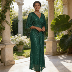 Elegantes Abendkleid mit Einschulter-Schleife – Marineblau, Bestickt & Bodenlang