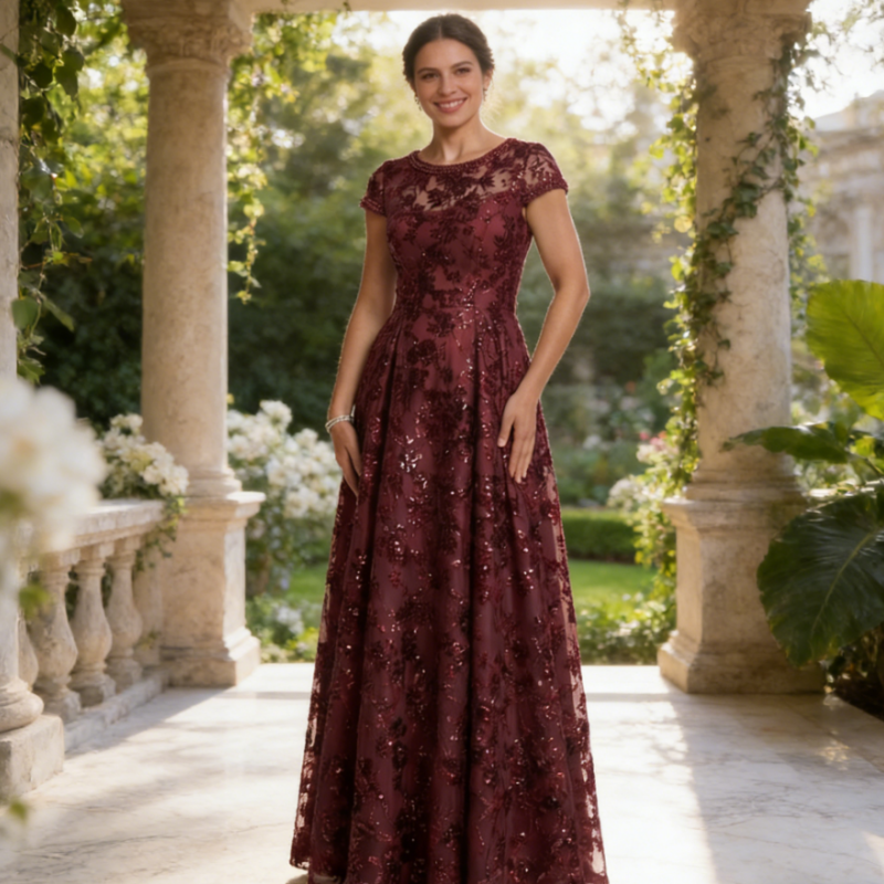 Elegantes Abendkleid mit Carmen-Ausschnitt – Salbeigrün, Jacquard & Bodenlang
