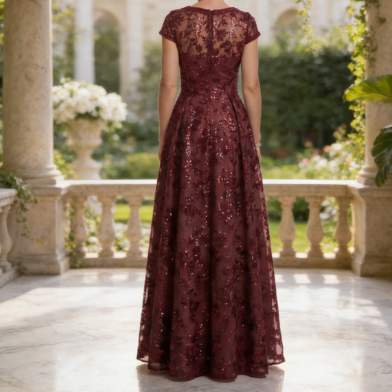 Elegantes Abendkleid mit Carmen-Ausschnitt – Salbeigrün, Jacquard & Bodenlang