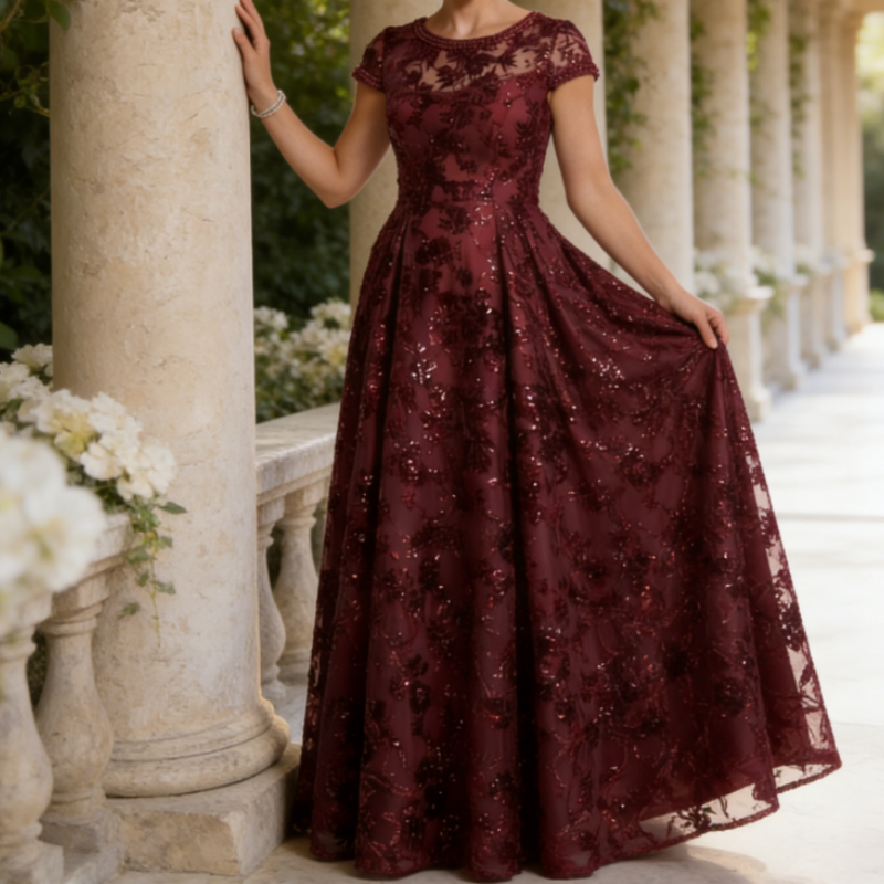Elegantes Abendkleid mit Carmen-Ausschnitt – Salbeigrün, Jacquard & Bodenlang