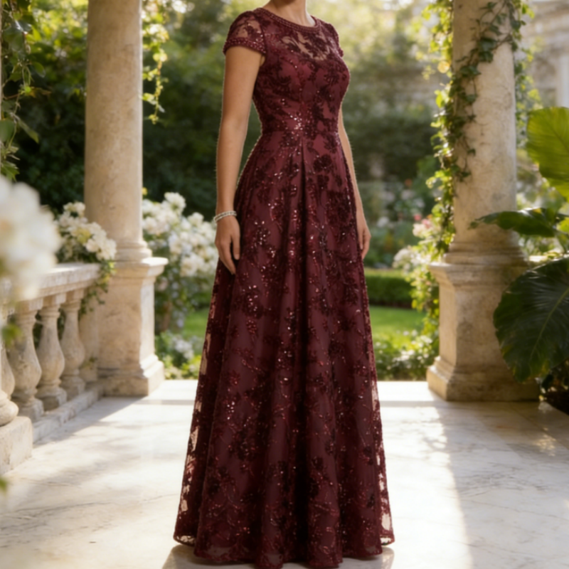 Elegantes Abendkleid mit Carmen-Ausschnitt – Salbeigrün, Jacquard & Bodenlang