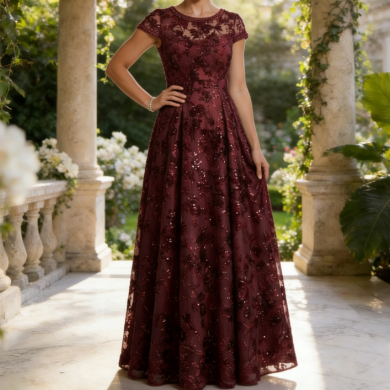 Elegantes Abendkleid mit Carmen-Ausschnitt – Salbeigrün, Jacquard & Bodenlang