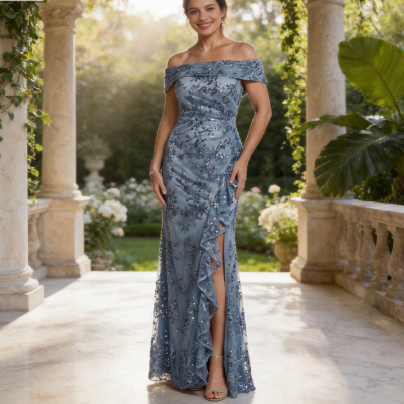 Elegantes Abendkleid mit Pailletten – Hellblau, Ein Schulterfrei & Bodenlang