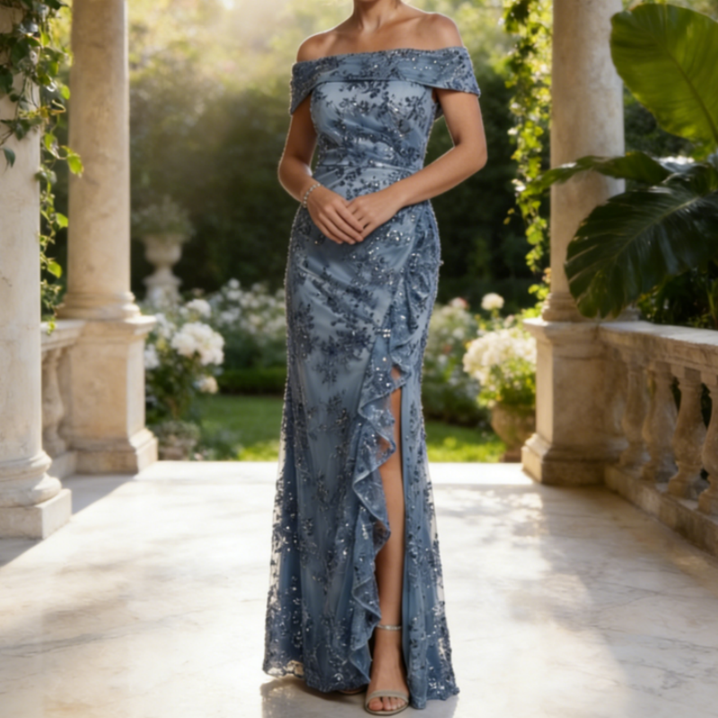 Elegantes Abendkleid mit Pailletten – Hellblau, Ein Schulterfrei & Bodenlang