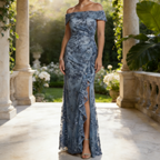 Elegantes Abendkleid mit Pailletten – Hellblau, Ein Schulterfrei & Bodenlang