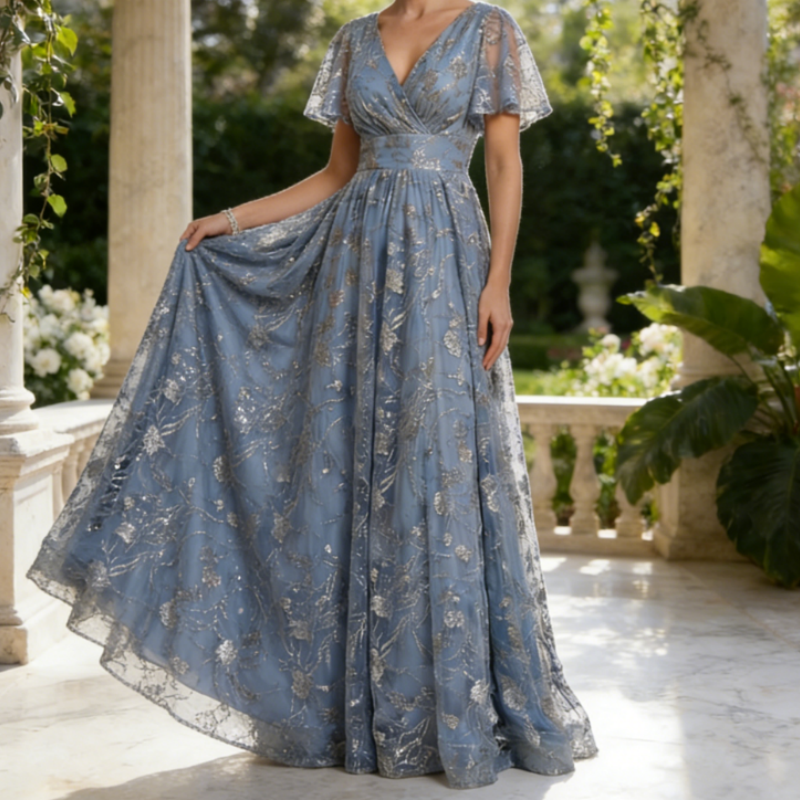 Elegantes Abendkleid mit Besticktem Tüll – Blaugrau, V-Ausschnitt & Flatterärmel