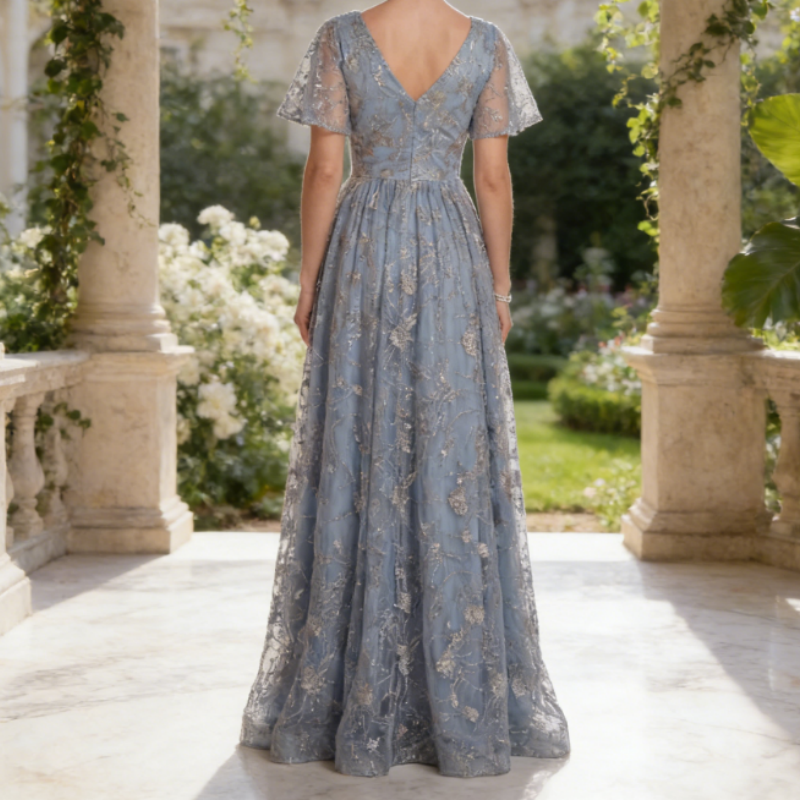 Elegantes Abendkleid mit Besticktem Tüll – Blaugrau, V-Ausschnitt & Flatterärmel