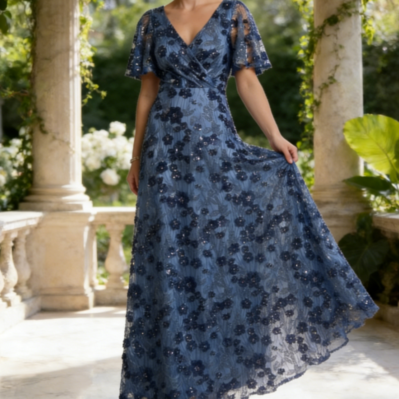 Elegantes Abendkleid mit 3D-Blumenapplikationen – Taubenblau, V-Ausschnitt & Pailletten