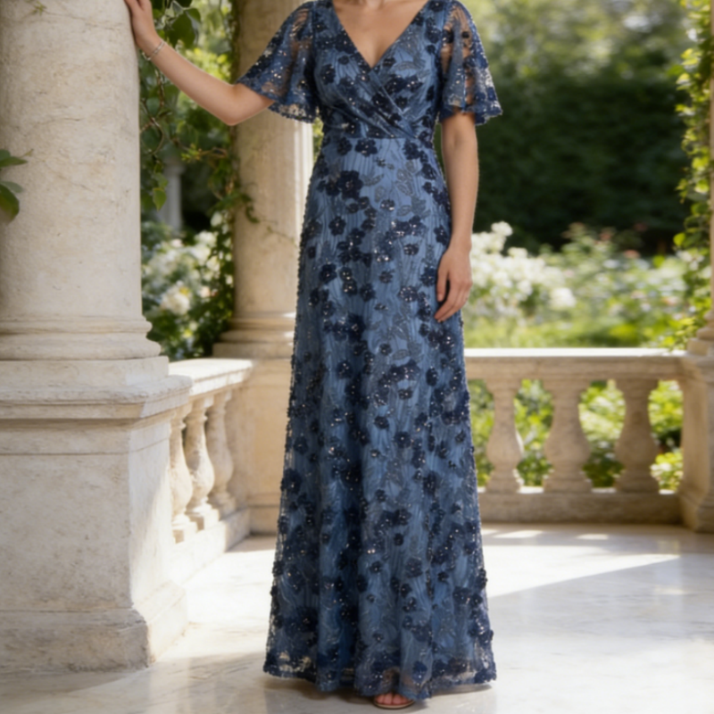 Elegantes Abendkleid mit 3D-Blumenapplikationen – Taubenblau, V-Ausschnitt & Pailletten