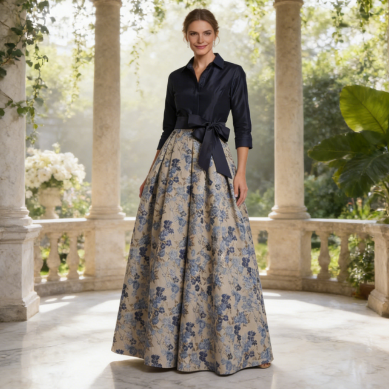 Zweiteiliges Abendkleid mit Hemdkragen – Dunkelblau, Jacquard-Rock & Taillengürtel