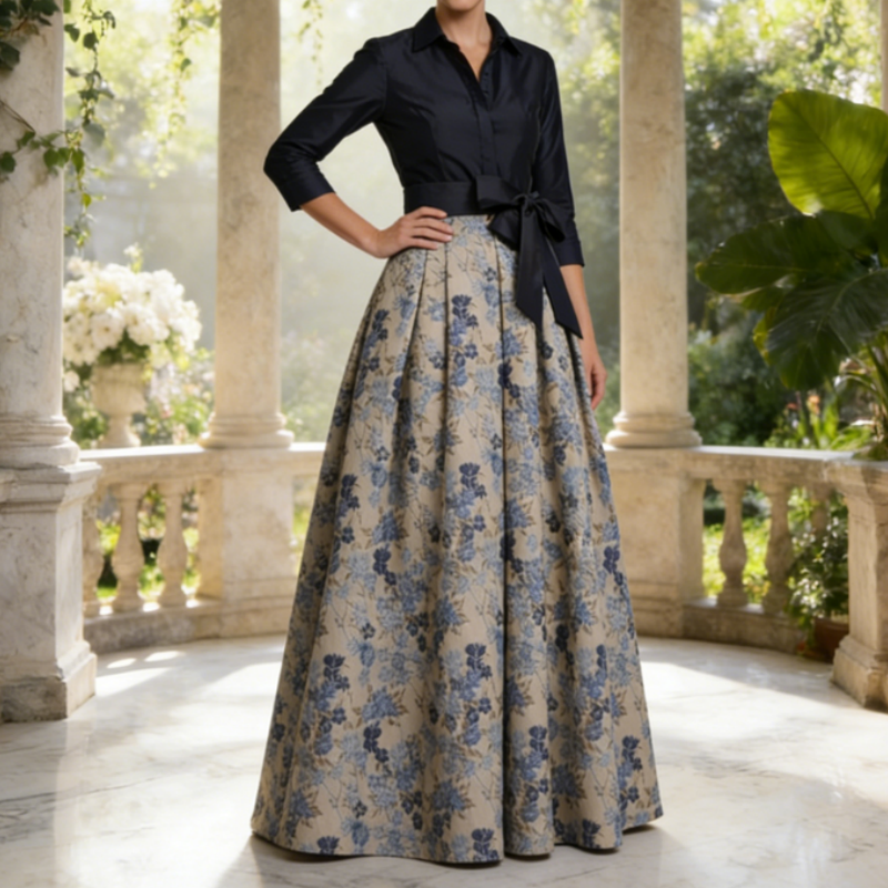 Zweiteiliges Abendkleid mit Hemdkragen – Dunkelblau, Jacquard-Rock & Taillengürtel
