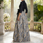 Zweiteiliges Abendkleid mit Hemdkragen – Dunkelblau, Jacquard-Rock & Taillengürtel