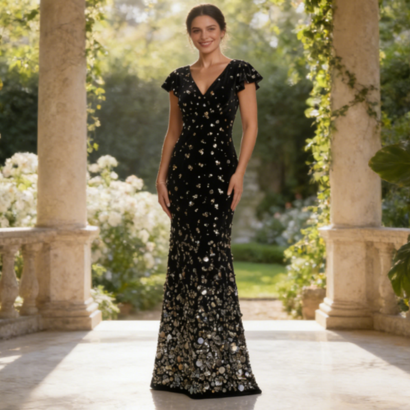 Elegantes Abendkleid aus Samt mit Pailletten – Schwarz, V-Ausschnitt & Flatterärmel