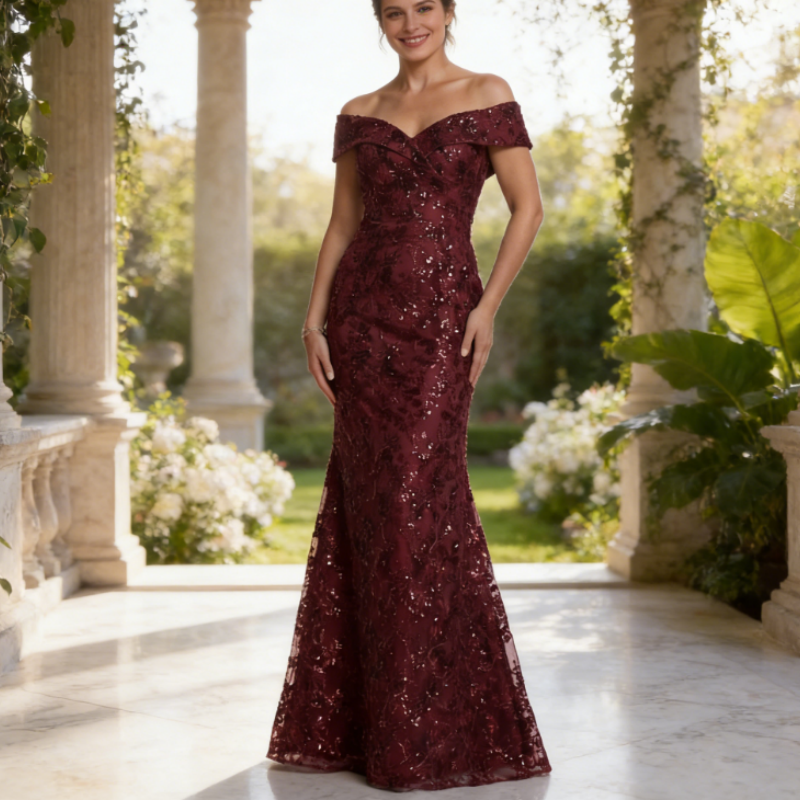 Elegantes Abendkleid mit Bestickter Floral-Spitze – Blaugrau, V-Ausschnitt & Gürtel