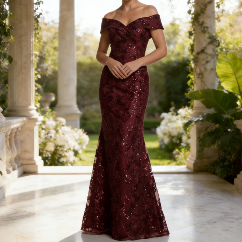 Elegantes Abendkleid mit Bestickter Floral-Spitze – Blaugrau, V-Ausschnitt & Gürtel