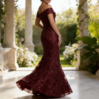 Elegantes Abendkleid mit Bestickter Floral-Spitze – Blaugrau, V-Ausschnitt & Gürtel