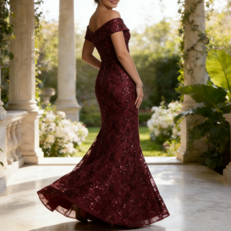 Elegantes Abendkleid mit Bestickter Floral-Spitze – Blaugrau, V-Ausschnitt & Gürtel