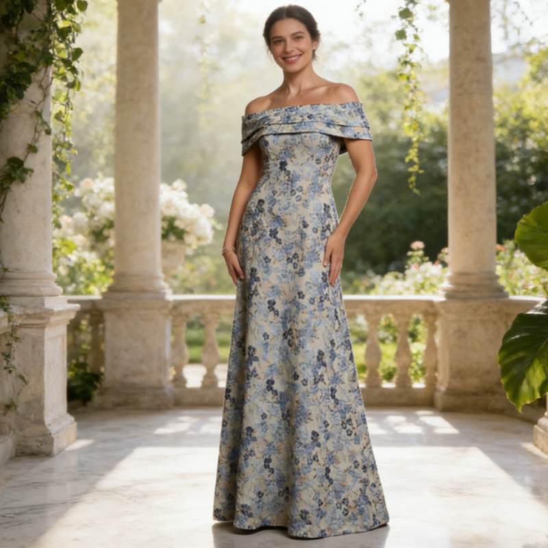 Luxuriöses Jacquard-Abendkleid mit Floralem Muster – Blau & Silber, Edle A-Linie