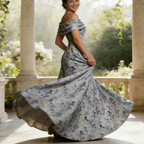 Luxuriöses Jacquard-Abendkleid mit Floralem Muster – Blau & Silber, Edle A-Linie