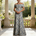 Luxuriöses Jacquard-Abendkleid mit Floralem Muster – Blau & Silber, Edle A-Linie