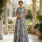 Elegantes Abendkleid aus Jacquard mit Floralem Muster – Blau & Silber, Edle A-Linie