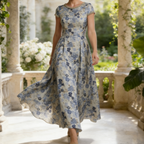 Elegantes Abendkleid aus Jacquard mit Floralem Muster – Blau & Silber, Edle A-Linie