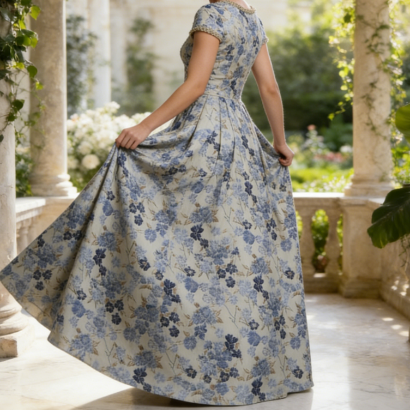 Elegantes Abendkleid aus Jacquard mit Floralem Muster – Blau & Silber, Edle A-Linie