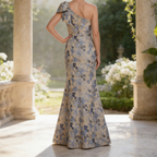 Luxuriöses Jacquard-Abendkleid mit Floralem Muster – Blau, Edle A-Linie & Etui-Stil