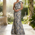 Luxuriöses Jacquard-Abendkleid mit Floralem Muster – Blau, Edle A-Linie & Etui-Stil