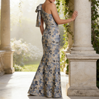 Luxuriöses Jacquard-Abendkleid mit Floralem Muster – Blau, Edle A-Linie & Etui-Stil