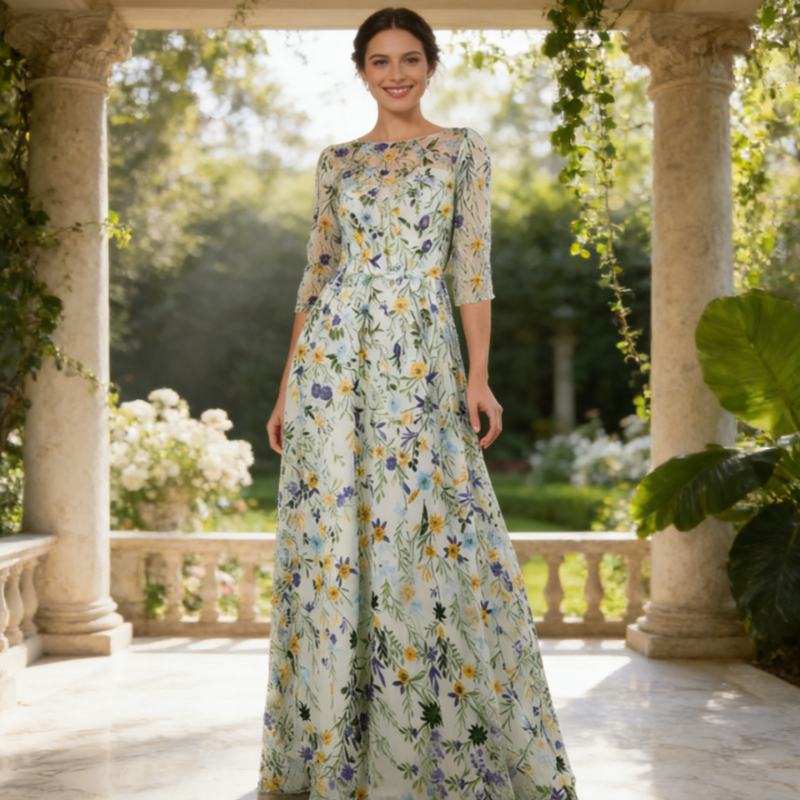 Elegantes Abendkleid mit Floralem Stickerei-Design – Exquisite A-Linie & Dreiviertel-Ärmel