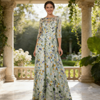 Elegantes Abendkleid mit Floralem Stickerei-Design – Exquisite A-Linie & Dreiviertel-Ärmel