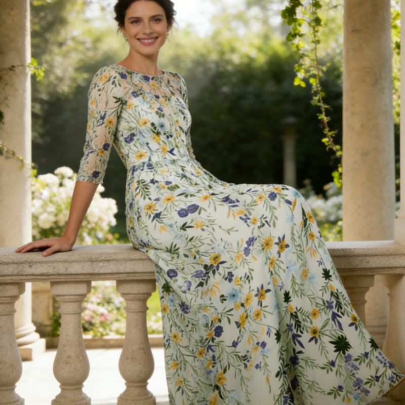 Elegantes Abendkleid mit Floralem Stickerei-Design – Exquisite A-Linie & Dreiviertel-Ärmel